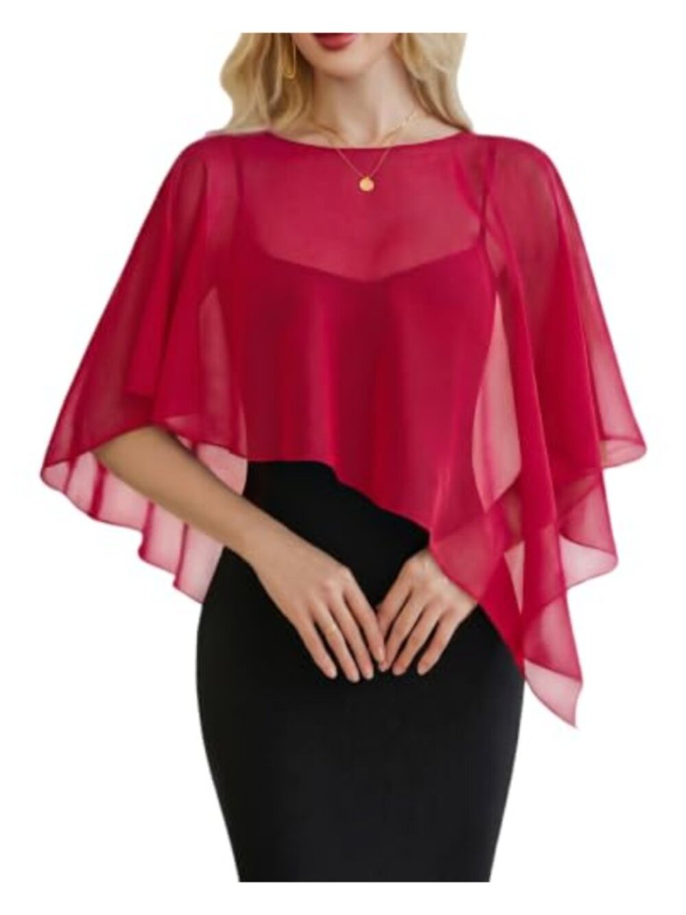 Women's Sheer Chiffon Capelet Shawl with Batwing Sleeves, Formal Cover Up